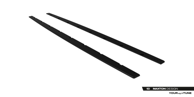 pol_po_Street-Pro-Side-Skirts-Diffusers-BMW-2-M-Pack-M235i-Gran-Coupe-F74-23841_1jpg - OPSHOLDERS Three long black curved metal strips with evenly spaced mounting holes laid diagonally on a white background (product parts).