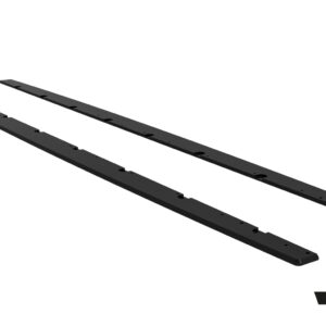 Pair of long, curved black rails with evenly spaced mounting holes, likely car side skirt or underbody trim parts from Maxton Design