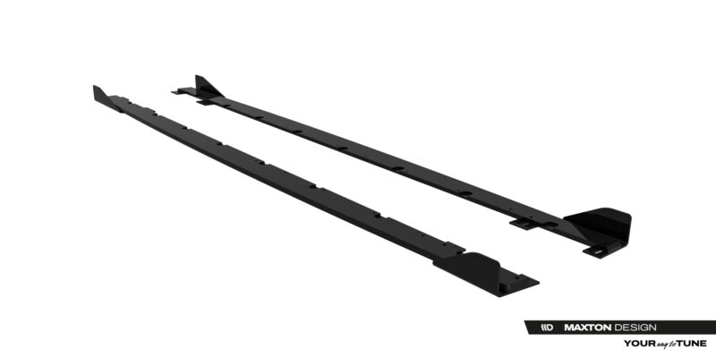 Pair of long black curved automotive rails with mounting holes and end caps, displayed in perspective as a car body part