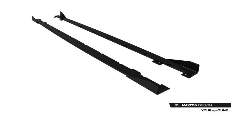 Two long black curved panels with multiple mounting holes, shown diagonally; a car aero component (splitter/brackets) from Maxton Design