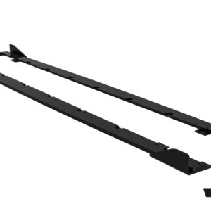 Pair of black automotive body kit strakes with mounting holes, shown from an angled perspective (likely side skirts or underbody aero rails).