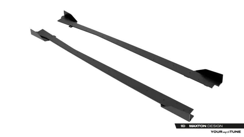 Two long dark-gray metal brackets with mounting holes, likely car aero supports or side underbody bars.
