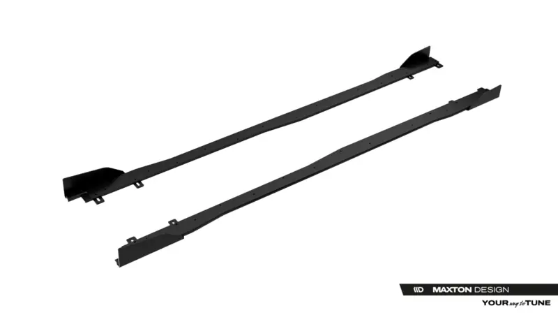 Pair of black long automotive undercarriage rails with mounting holes and end plates, shown diagonally on a white background.