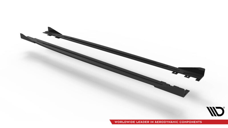 Two long black aerodynamic components laid parallel on a white background, likely wing spars or rails, with a red banner and a logo in the corner reading 'Worldwide Leader in Aerodynamic Components.'
