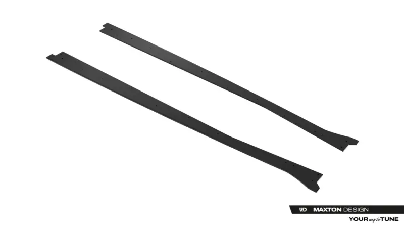 Two elongated black curved metal rails with evenly spaced mounting holes against a white background.