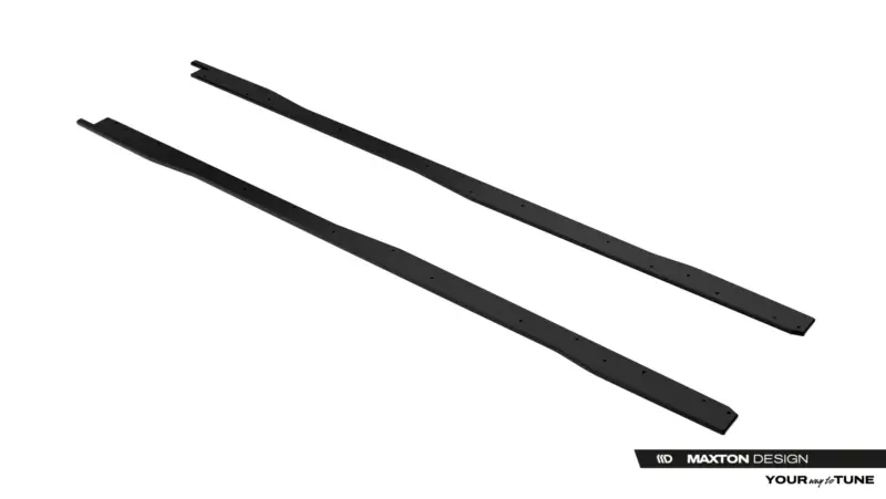 Two black curved rocker-panel strips with mounting holes for a car body kit, shown diagonally on a white background.