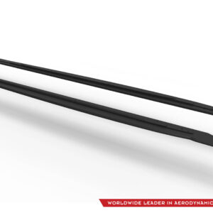 Two long black aerodynamic components laid parallel on a white background, with a company logo and slogan in the corner.
