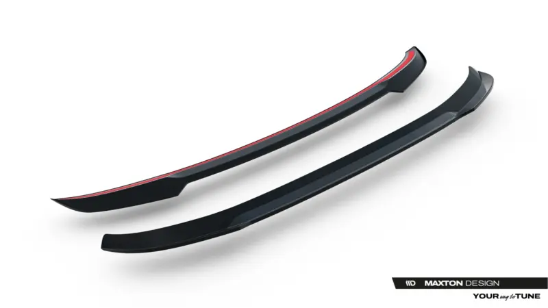 Black car side skirts with a red accent stripe, angled diagonally across the image (Maxton Design product).
