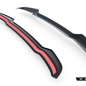 Pair of black aftermarket car spoilers with pink center stripe, angled on a white background; Maxton Design branding visible in bottom-right corner.
