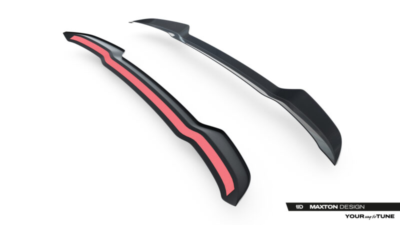 Pair of black aftermarket car spoilers with pink center stripe, angled on a white background; Maxton Design branding visible in bottom-right corner.
