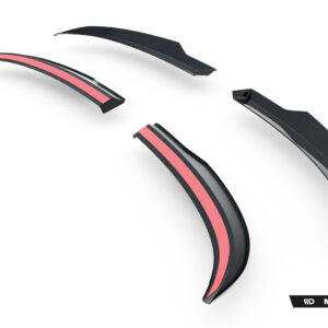 Exploded view of black carbon-fiber car aero parts with pink/red center stripe against white background, Maxton Design branding visible.
