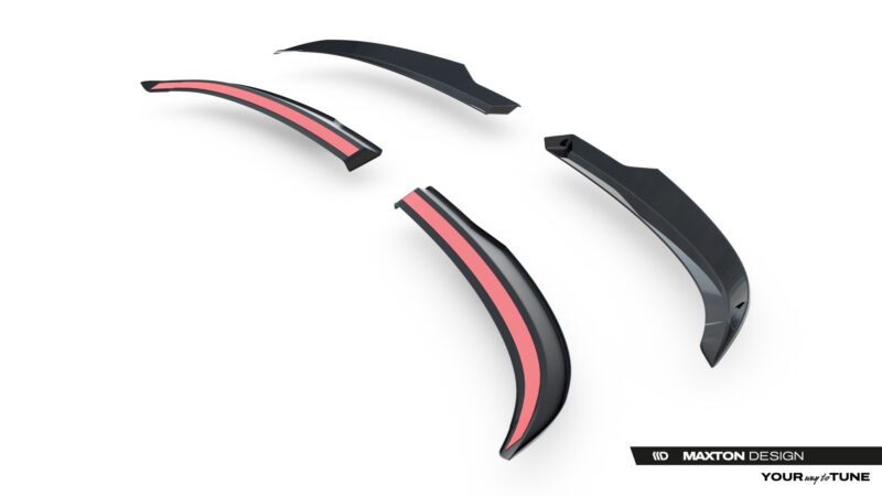Exploded view of black carbon-fiber car aero parts with pink/red center stripe against white background, Maxton Design branding visible.
