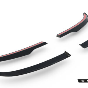 Set of black curved car aero parts with red edge detailing, floating on a white background (Maxton Design branding).