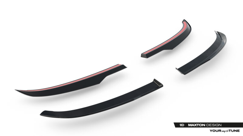 Set of black curved car aero parts with red edge detailing, floating on a white background (Maxton Design branding).