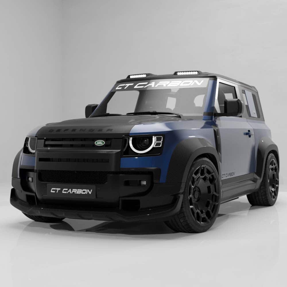 05_49599174-83b7-4a91-b851-4de677c4ec6djpg - OPSHOLDERS CT Carbon Land Rover Defender toy car in blue and black, angled from the front-left in a studio.