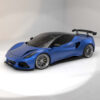 05_a02872fd-f8c9-48cd-8827-1274587cc5f4jpg - OPSHOLDERS Blue sports car with a black roof and large rear wing on a white studio backdrop, photographed from a front-side angle.