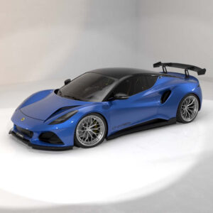 Blue sports car with a black roof and large rear wing on a white studio backdrop, photographed from a front-side angle.
