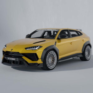 Yellow high-performance SUV-style car with black cladding and oversized alloy wheels, shown in a studio setting, angled front-left view.