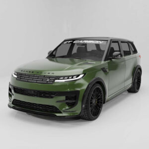 Green Range Rover SUV shown in a three-quarter front view with black multi-spoke wheels and tinted windows in a studio setting