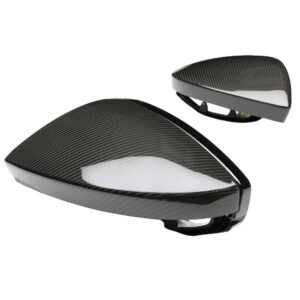 Pair of carbon fiber textured car side mirror caps shown detached from a vehicle on a white background.