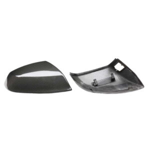 Pair of carbon fiber textured car side mirror caps, left and right, shown separated.