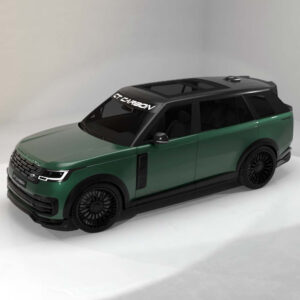 Scale model of a green SUV with a black roof on a white surface.