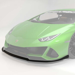 Front-left view of a bright green Lamborghini sports car, highlighting its angular headlights and black front splitter.