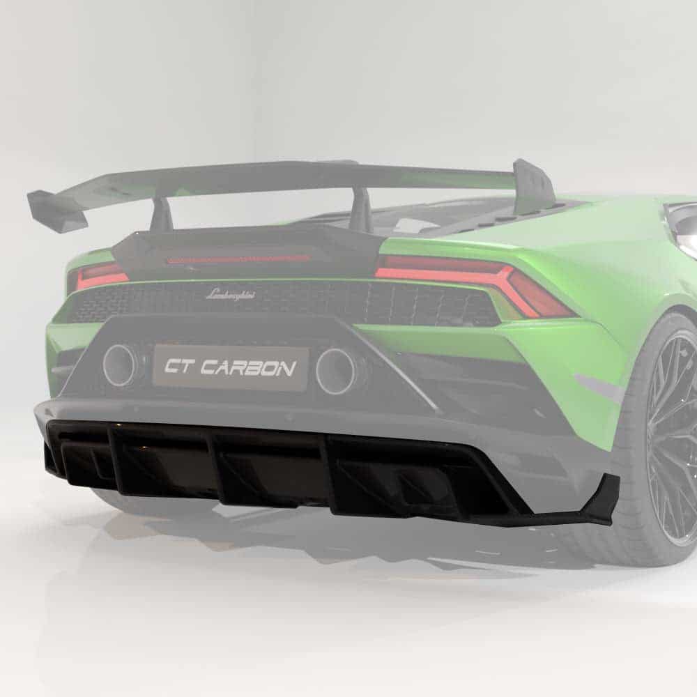16_f73b6d22-0070-4120-8c57-631c93bd7945jpg - OPSHOLDERS Rear view of a bright green Lamborghini with a large rear wing, central exhausts, and aggressive diffuser labeled GT Carbon in a studio setting