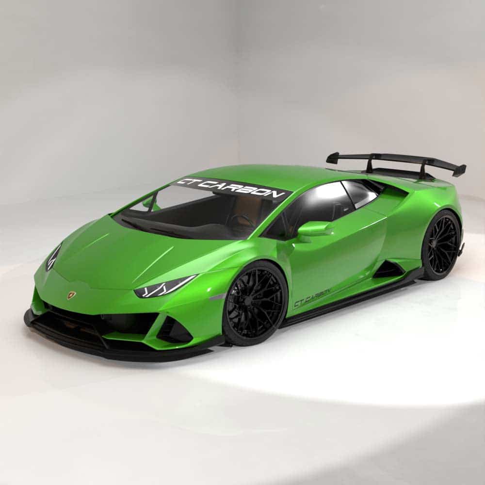 19_07395085-289e-4b84-982d-aec1d7a762b9jpg - OPSHOLDERS Green Lamborghini-style sports car in a white studio, with CT CARBON banner on the windshield.