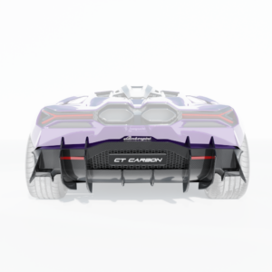 Rear view of a purple sports car with a prominent carbon-fiber diffuser and quad exhausts on a white background, emphasizing aerodynamics.