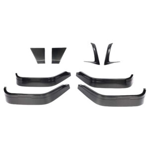 Carbon fiber aero kit components for a car: front splitter pieces, side skirts, and rear diffusers laid out on a white background