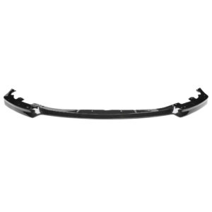Carbon fiber front bumper lip/spoiler extends along a curved lower edge of a car.