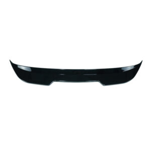 Glossy black rear car spoiler laid on a white background, showing curved ends and central notch.