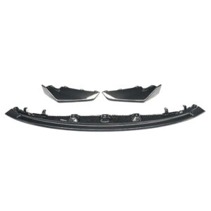 Carbon fiber front bumper lip spoiler with two matching side splitters on a white background.