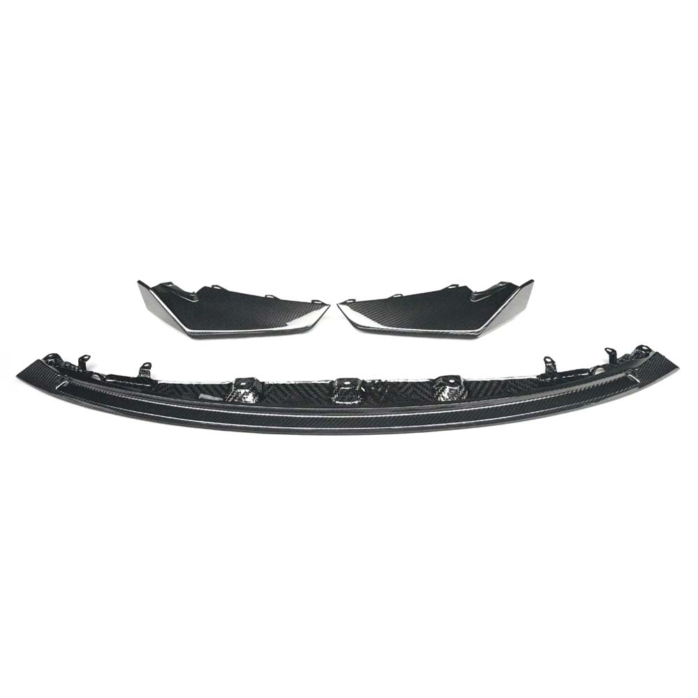 1_ff3a86c1-acf8-4dca-a16a-989b8ccc747djpg - OPSHOLDERS Carbon fiber front bumper lip spoiler with two matching side splitters on a white background.