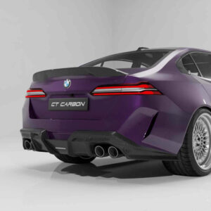 Rear view of a purple BMW sports car with a carbon fiber spoiler, quad exhausts, and a CT CARBON badge on the license plate.