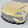 Front view of a yellow Lamborghini-like sports car with a carbon fiber front splitter and sharp LED headlights