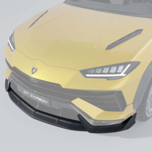 Front view of a yellow Lamborghini-like sports car with a carbon fiber front splitter and sharp LED headlights