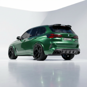 Rear three-quarter view of a green BMW GT Carbon SUV with large black wheels and quad exhausts in a studio setting