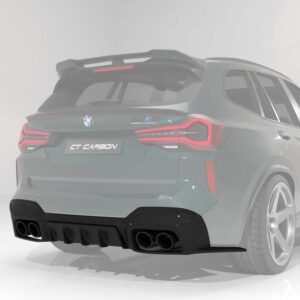 Rear view of a green BMW SUV with 'CT CARBON' badge and quad exhausts, highlighting sporty diffuser and taillights