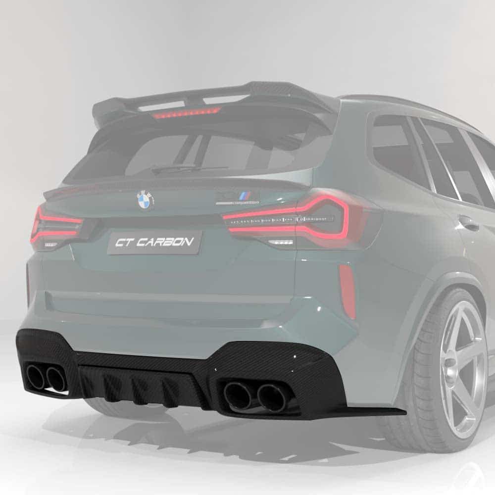 28_7f0d40b5-39d0-4bc5-9ca9-1039baed03d7jpg - OPSHOLDERS Rear view of a green BMW SUV with 'CT CARBON' badge and quad exhausts, highlighting sporty diffuser and taillights