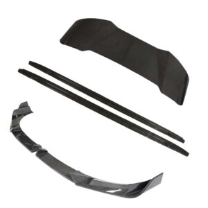 Carbon fiber car aero kit parts: front lip, side splitters, rear diffuser pieces, and curved rear wing elements