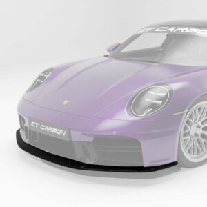 Front three-quarter view of a purple Porsche sports car with a carbon front splitter and prominent wheel arches.