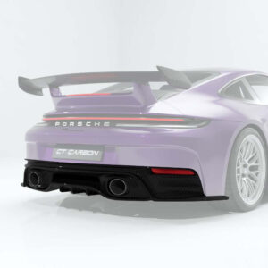 Rear view of a purple sports car with a large spoiler and carbon-fiber rear diffuser, twin exhausts visible.