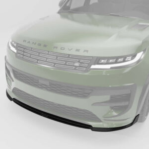 Front view of a green Range Rover SUV, showing the grille, headlights, and lower bumper from the passenger side angle.