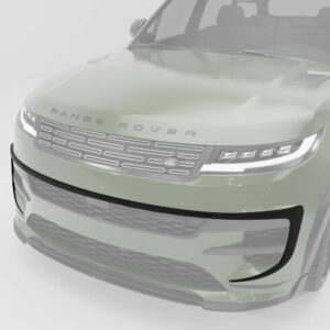 Front view of a pale green Range Rover SUV with a bold chrome grille and LED headlights.