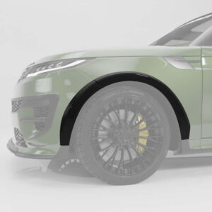 Close-up of a green luxury car's front fender and large black alloy wheel with a gold brake caliper