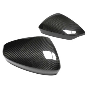 Pair of glossy carbon-fiber mirror covers for a car, front and rear views visible