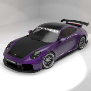 Purple Porsche sports car with a black carbon-fiber hood, large rear wing, and racing decals in a studio environment.