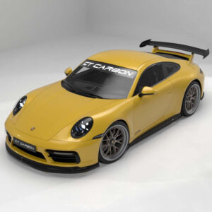 Yellow Porsche-style sports car with a large rear wing and carbon front splitter, labeled 'GT Carbon' on the windshield banner.
